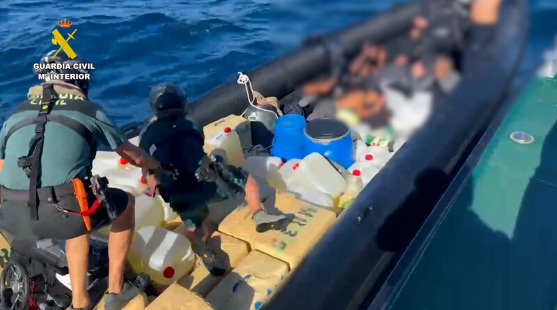 The Spanish Civil Guard intercepts a drug-running speedboat with three tons of hashish off the coast of Huelva